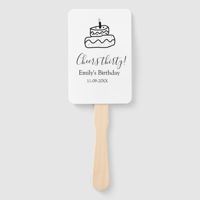 Leque Cheers thirty birthday cake black scribble hand (Frente)