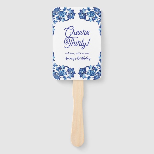 Leque Cheers thirty birthday royal blue floral border na (Frente)