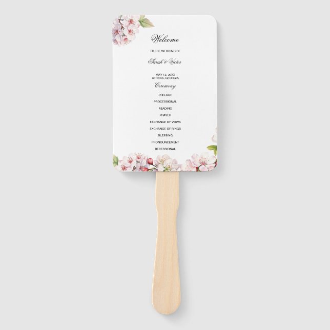 Leque Cherry Blossom Wedding Program Hand Fan (Frente)
