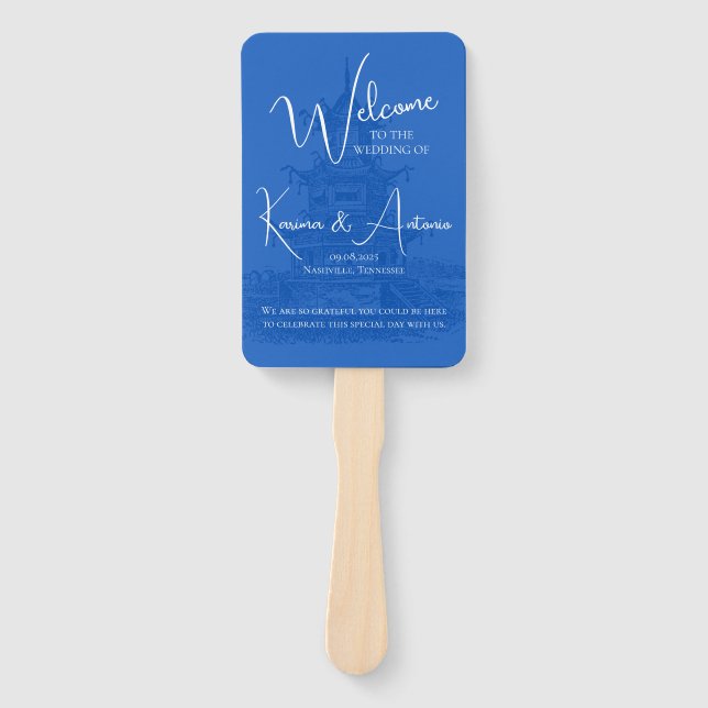 Leque Chic Chinoiserie Pagoda Blue Wedds Program Fan (Frente)