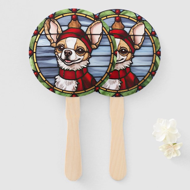 Leque Chihuahua Vidro Pintado Natal (Frente e Verso)