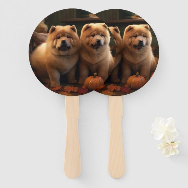 Leque Chow Chow Puppy Autumn Delight Pumpkin (Frente e Verso)