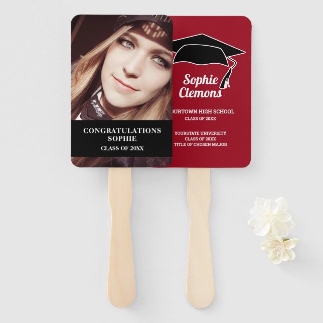 Leque Classe de Foto do Boné de formatura Vermelho Negra (Frente e Verso)