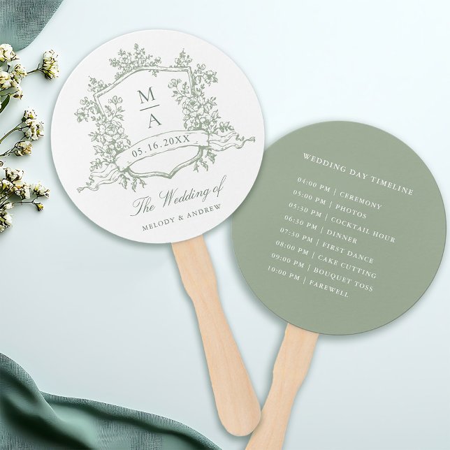 Leque Classic Sage Green Crest Wedding Ceremony Timeline (Front & Back)