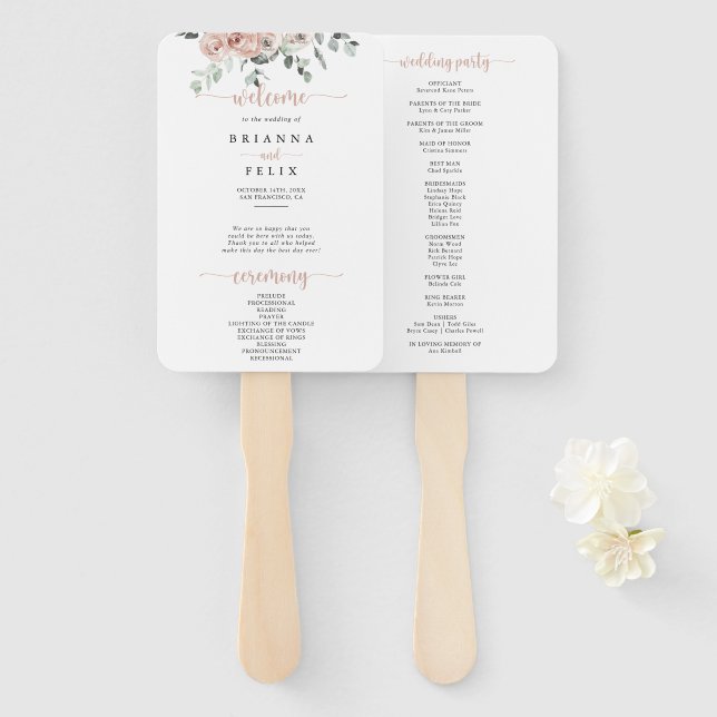 Leque Clássico Rosa Empoeirado Floral Casamento  (Frente e Verso)