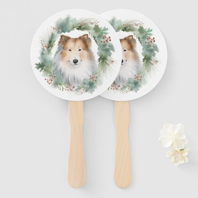 Leque Collie Christmas Wreath Festivo Pup (Frente e Verso)