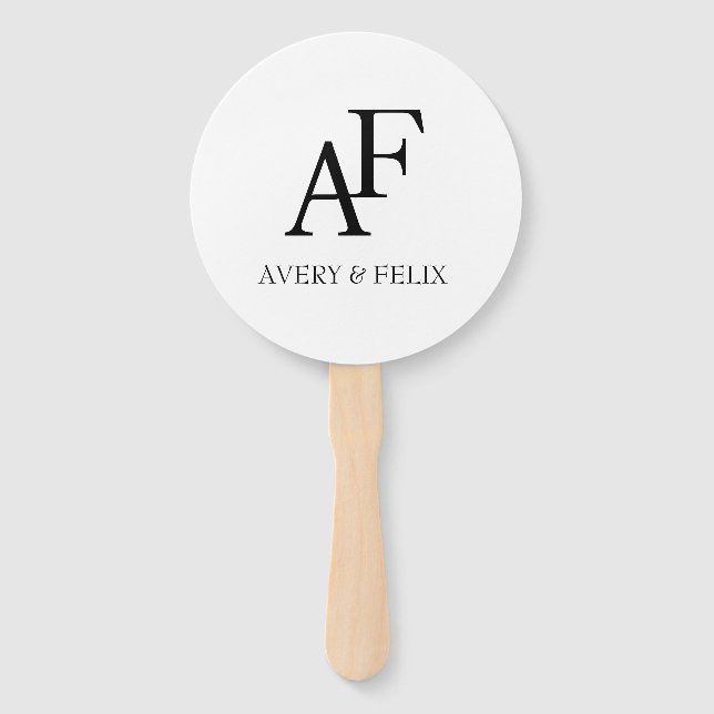 Leque Convidado Elegante Branco e Preto do Monograma de  (Frente)