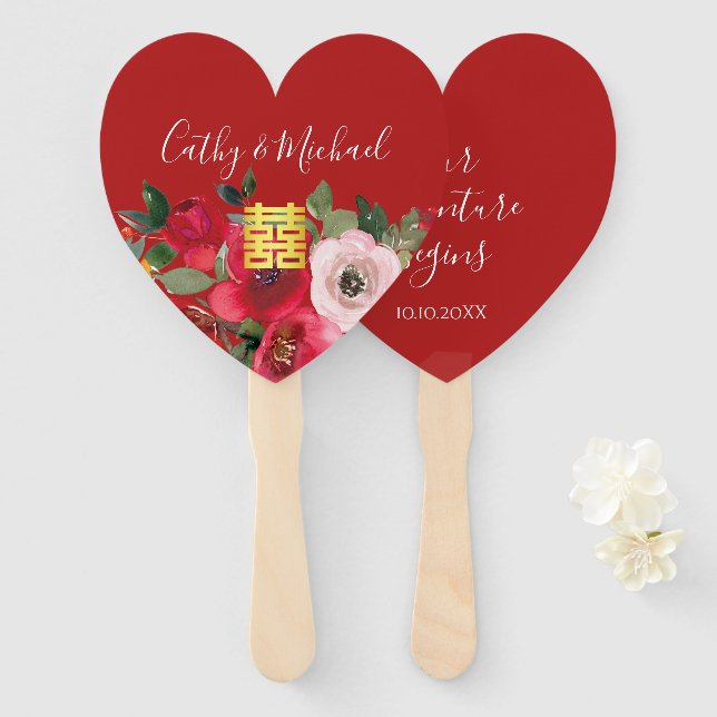 Leque Cor-de-água rosa vermelha dupla felicidade floral  (Frente e Verso)