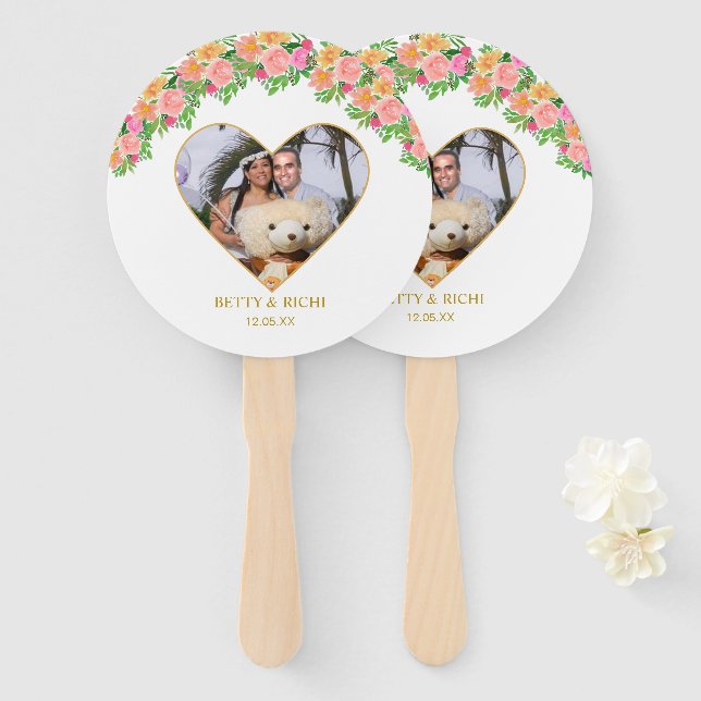 Leque Coração Romântico e Flores Rosa (Frente e Verso)