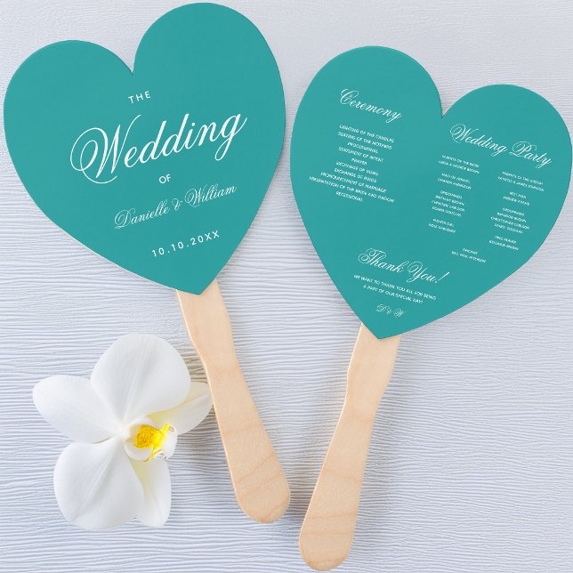 Leque Coração Verde Elegante Programa de Casamento Azul  (Criador carregado)