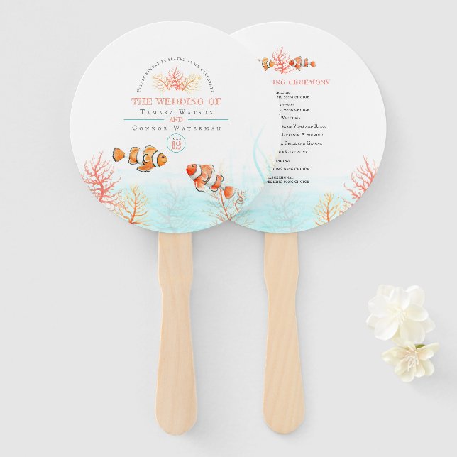 Leque Coral de arte submarina e aquarela (Frente e Verso)