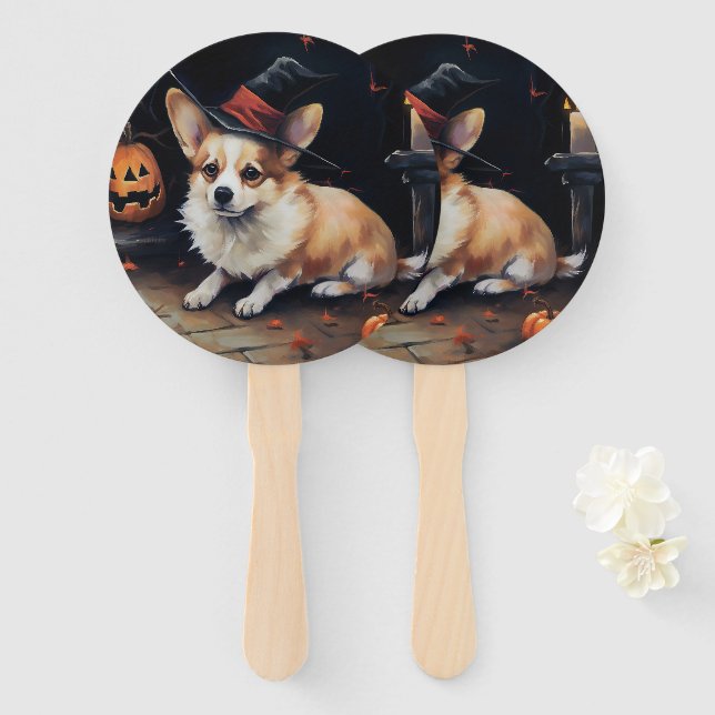 Leque Corgi Abóboras Halloween Assustador (Frente e Verso)