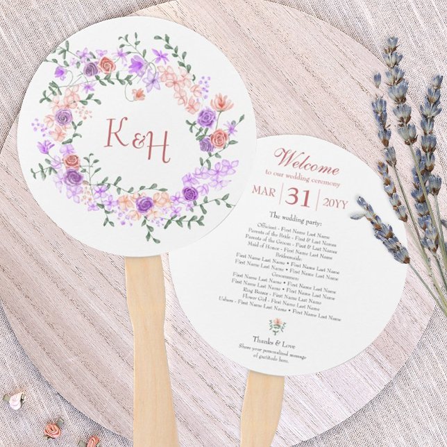 Leque Coroa de Noiva com Lilás e Rosa Pêssego (lilac and peach wedding paper hand fans, light purple lavender wedding favors)