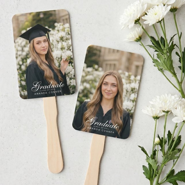 Leque Crie Sua Própria Fotonovela de Graduação de Dois L (create your own double sided custom photo graduation hand fan)