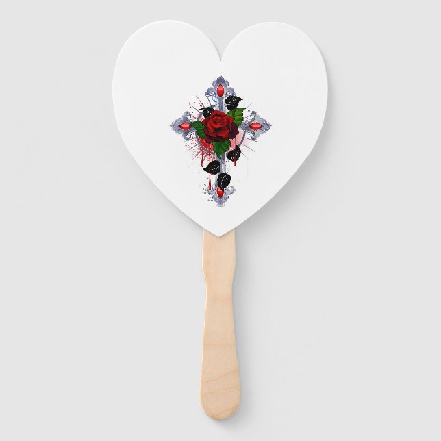 Leque Cruz de Prata com Rosa vermelha (Frente)