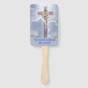 Leque Cruz nas nuvens com flores brancas, cristão