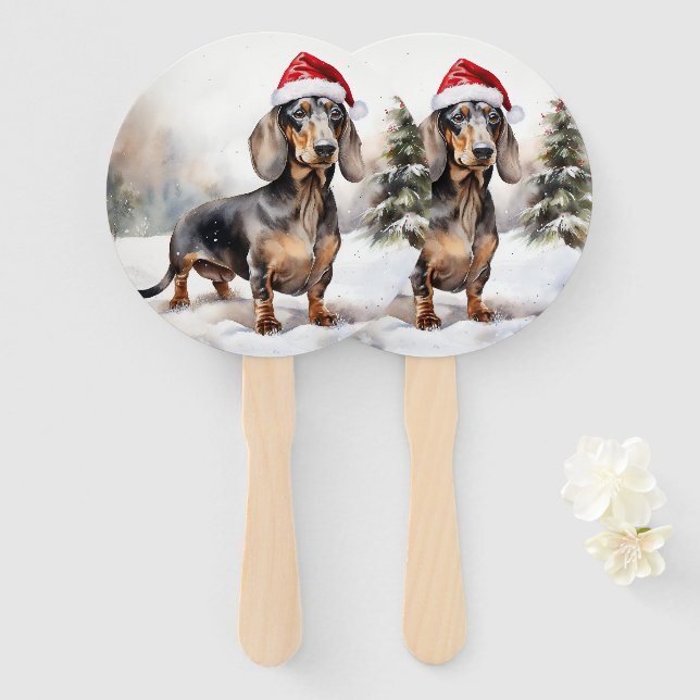 Leque Dachshund Cachorro na Neve Natal (Frente e Verso)