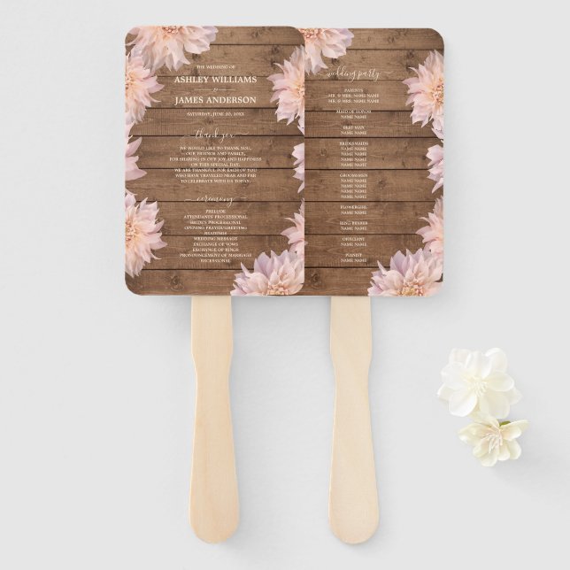 Leque Dahlia Pink Floral Rustic Wood Wedment Program (Frente e Verso)