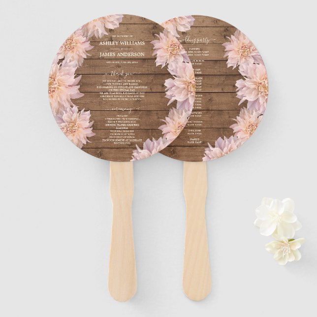 Leque Dahlia Pink Floral Rustic Wood Wedment Program (Frente e Verso)