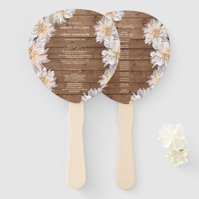 Leque Dahlia Pink Floral Rustic Wood Wedment Program (Frente e Verso)