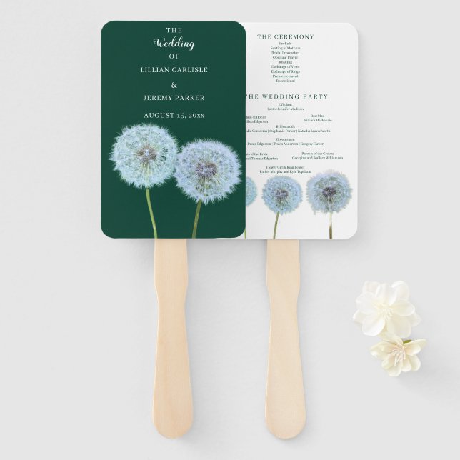 Leque Dandelions, Programa de Casamento Verde de Relógio (Frente e Verso)