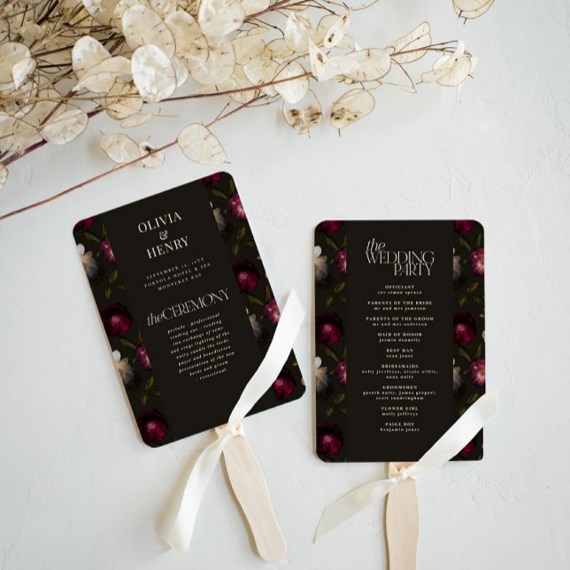 Leque Dark Floral Wedding Program Elegant Burgundy (Criador carregado)