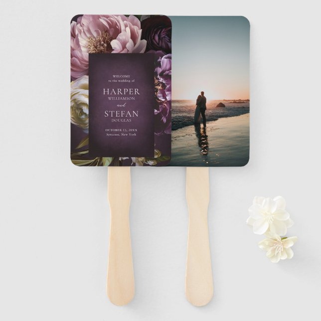 Leque Dark Purple Fine Art Floral Elegant Wedding (Frente e Verso)