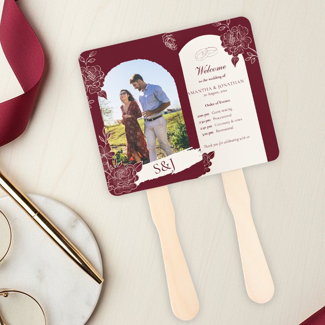 Leque de Cerimônia de Casamento com Arco Floral Bu (Deep Burgundy Floral Line Art with Ivory Arch with Photo Wedding Fan Program Details)