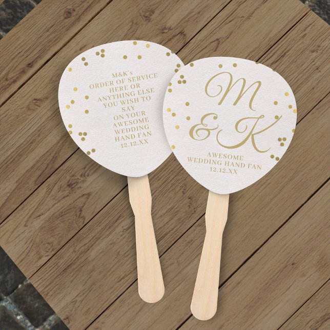 Leque de Mão de Confetes em Dourado Rosado para Ca (Awesome wedding hand fan with space for your wedding details)