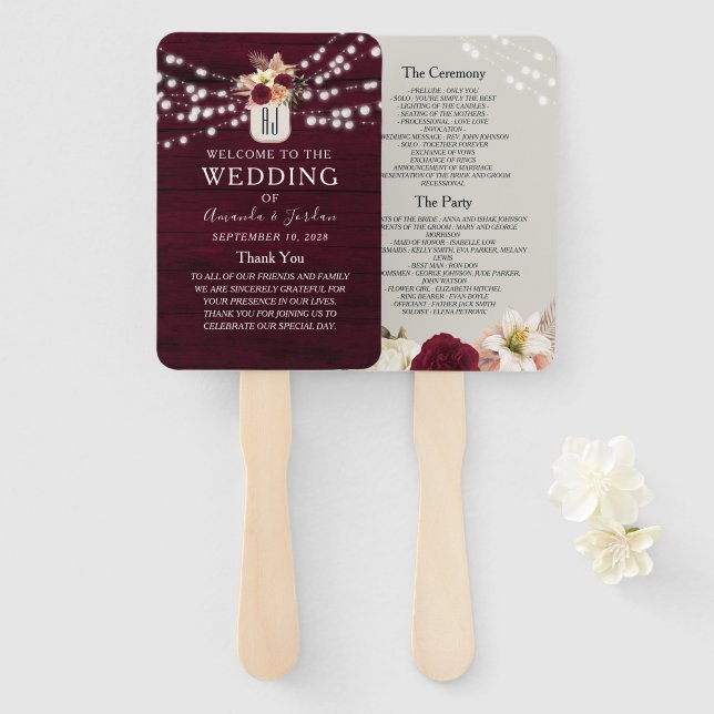 Leque de mão de programa de casamento floral rústi (Frente e Verso)