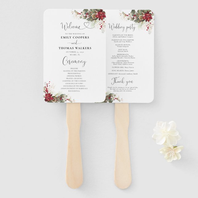 Leque de mão de programa de casamento vermelho de  (Frente e Verso)