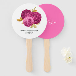 Leque de Mão Floral Rosa-Intenso e Dourado para Qu