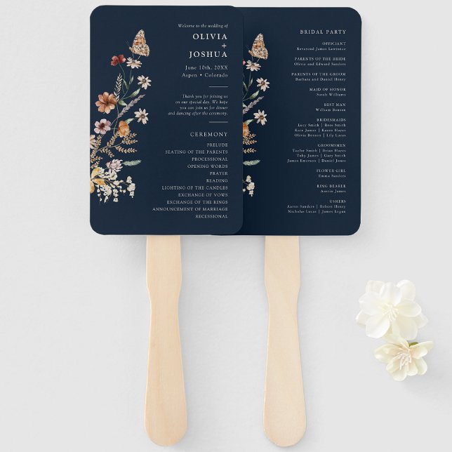 Leque de Mão para Programa de Casamento Azul Marin (Navy Blue Floral Wedding Program Hand Fan with Butterfly by Painted Paperie
)