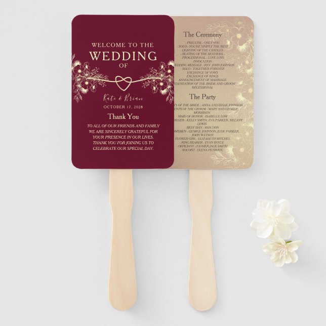 Leque de Mão para Programa de Casamento Burgundy E (Frente e Verso)