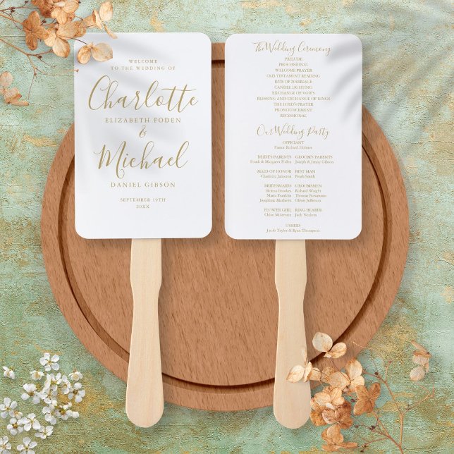 Leque de mão para programa de casamento com assina (Gold Signature Script Wedding Program Hand Fan)