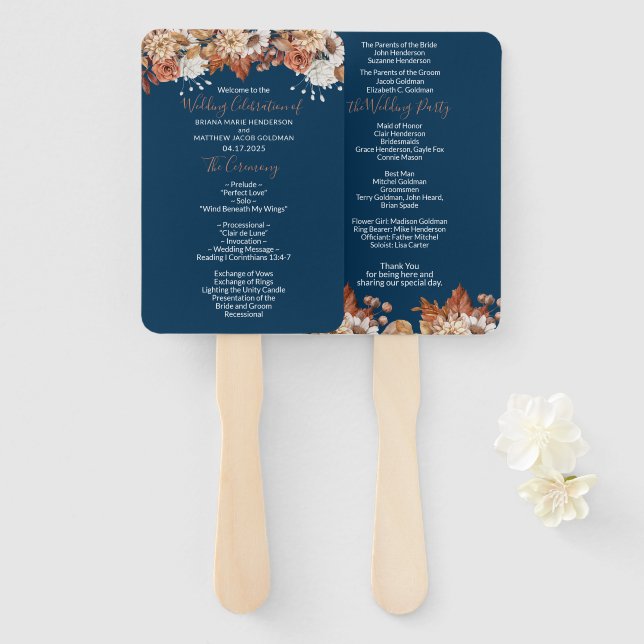 Leque de mão para programa de casamento com buquê  (Frente e Verso)