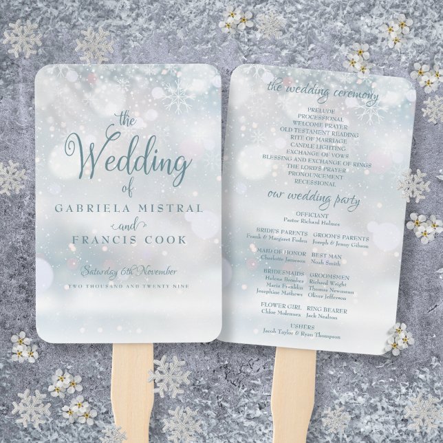 Leque de mão para programa de casamento com primei (First Winter Snowflakes Wedding Program Hand Fan)