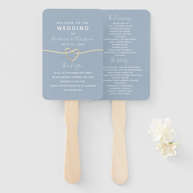 Leque de mão para programa de casamento em azul po (Frente e Verso)
