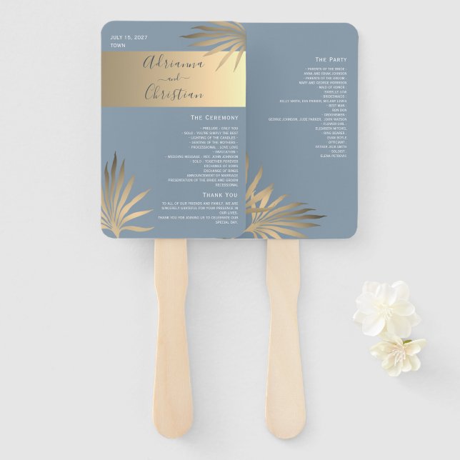 Leque de Mão para Programa de Casamento em Dourado (Frente e Verso)