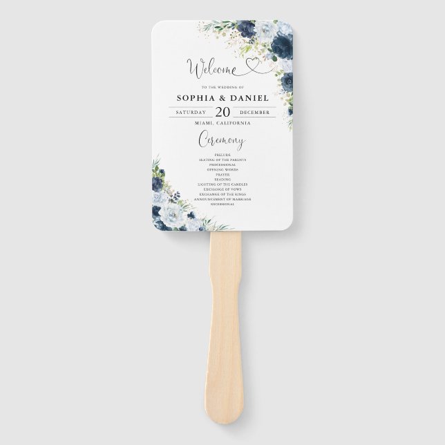 Leque de mão para programa de casamento floral azu (Frente)