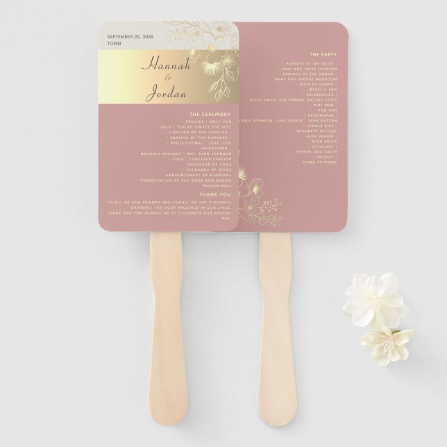 Leque de Mão para Programa de Casamento Rosa Empoe (Frente e Verso)