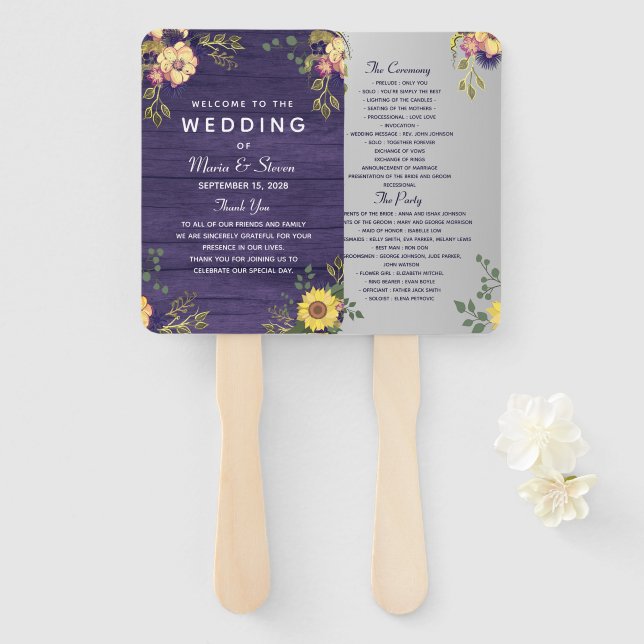 Leque de Mão para Programa de Casamento Roxo Flora (Frente e Verso)