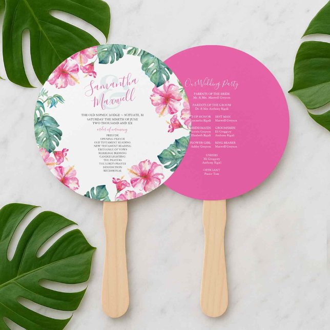 Leque de Programa com Tema de Casamento Tropical (tropical beach wedding program fans pink hibiscus flowers and palm leaves watercolor art)