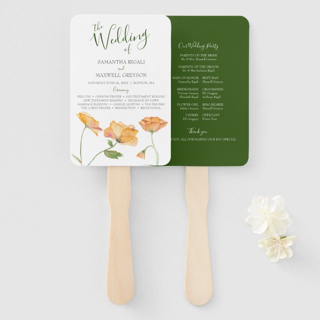 Leque de Programa de Casamento com Aquarela Floral (Frente e Verso)