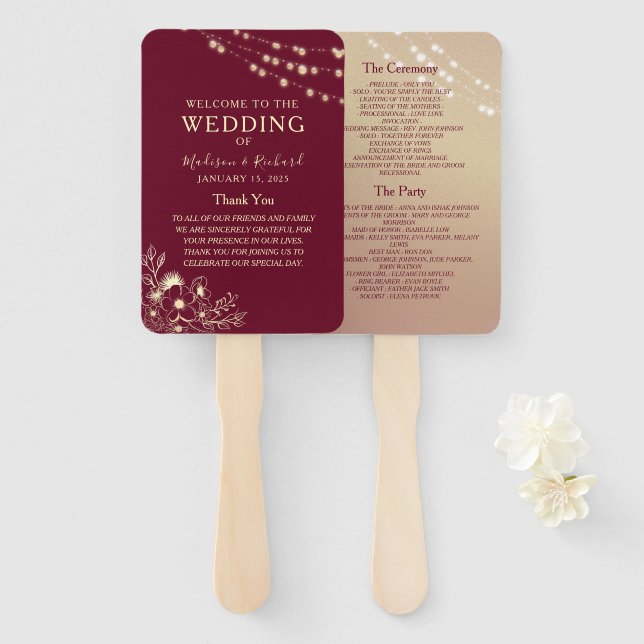 Leque de Programa de Casamento em Dourado Borgonha (Frente e Verso)