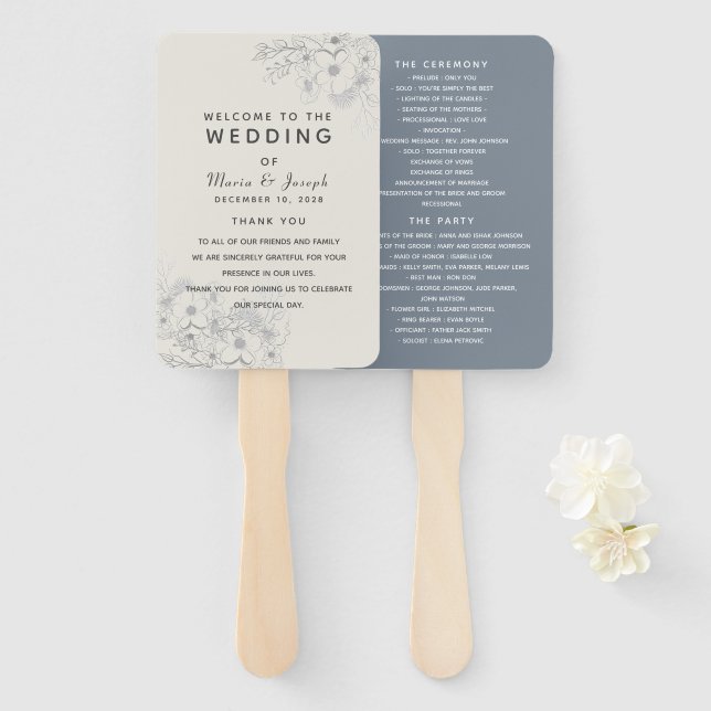 Leque de Programa de Casamento Floral Azul Empoeir (Frente e Verso)