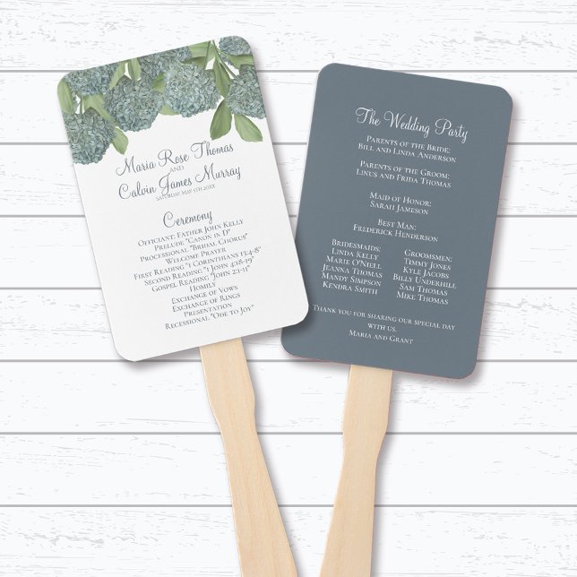 Leque de Programa de Casamento Floral de Hortênsia (Blue hydrangea floral wedding program fan with watercolor flowers and elegant ceremony details.)