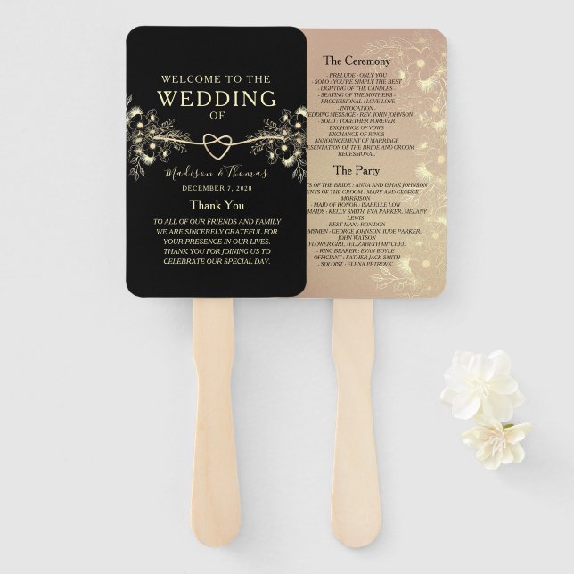 Leque de Programa de Casamento Floral Ouro Preto (Frente e Verso)