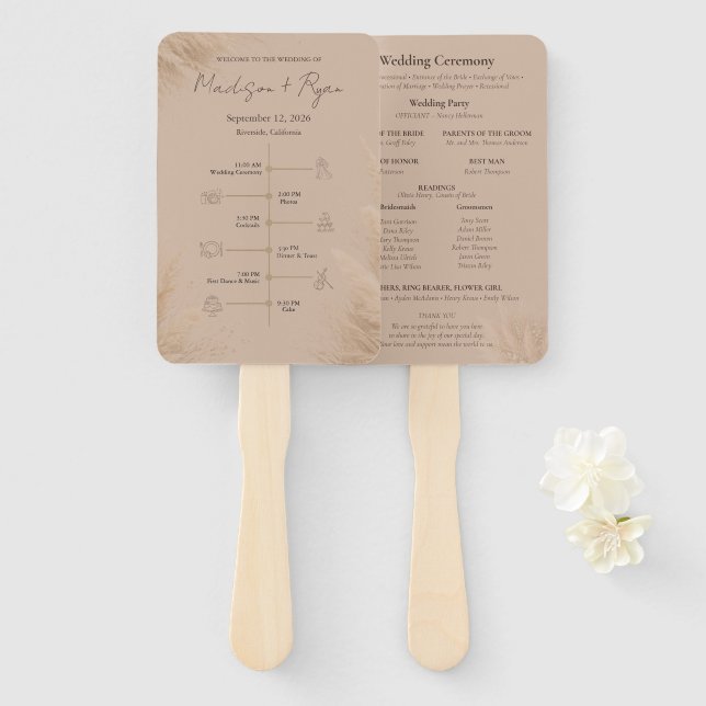 Leque de Programa de Casamento Whispering Pampas (Frente e Verso)
