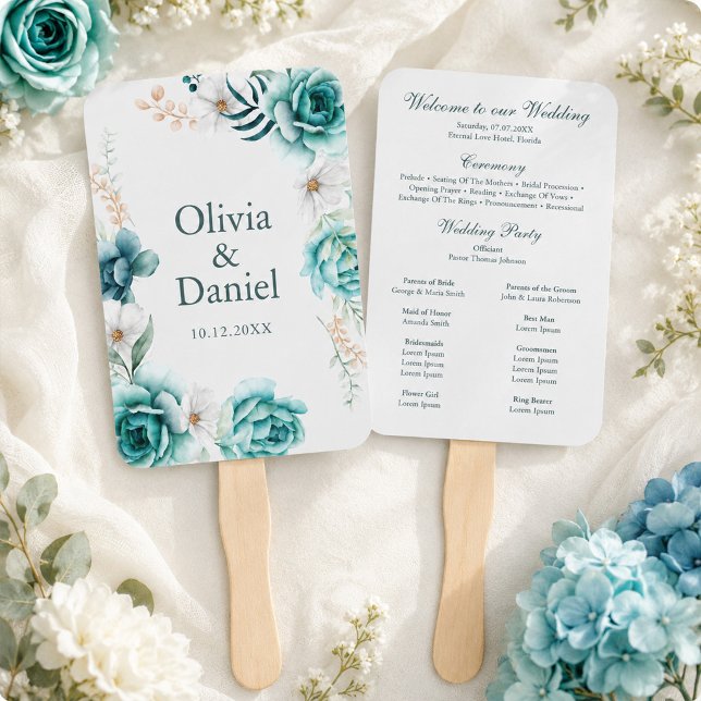 Leque de Programa de Cerimônia de Casamento ao Ar  (Teal Floral Outdoor Wedding Ceremony Program Fan)